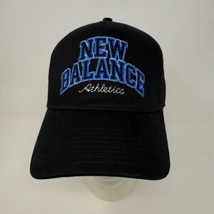 New Balance Athletics Black Blue Mesh Trucker Hat Cap Snapback Adjustable EUC